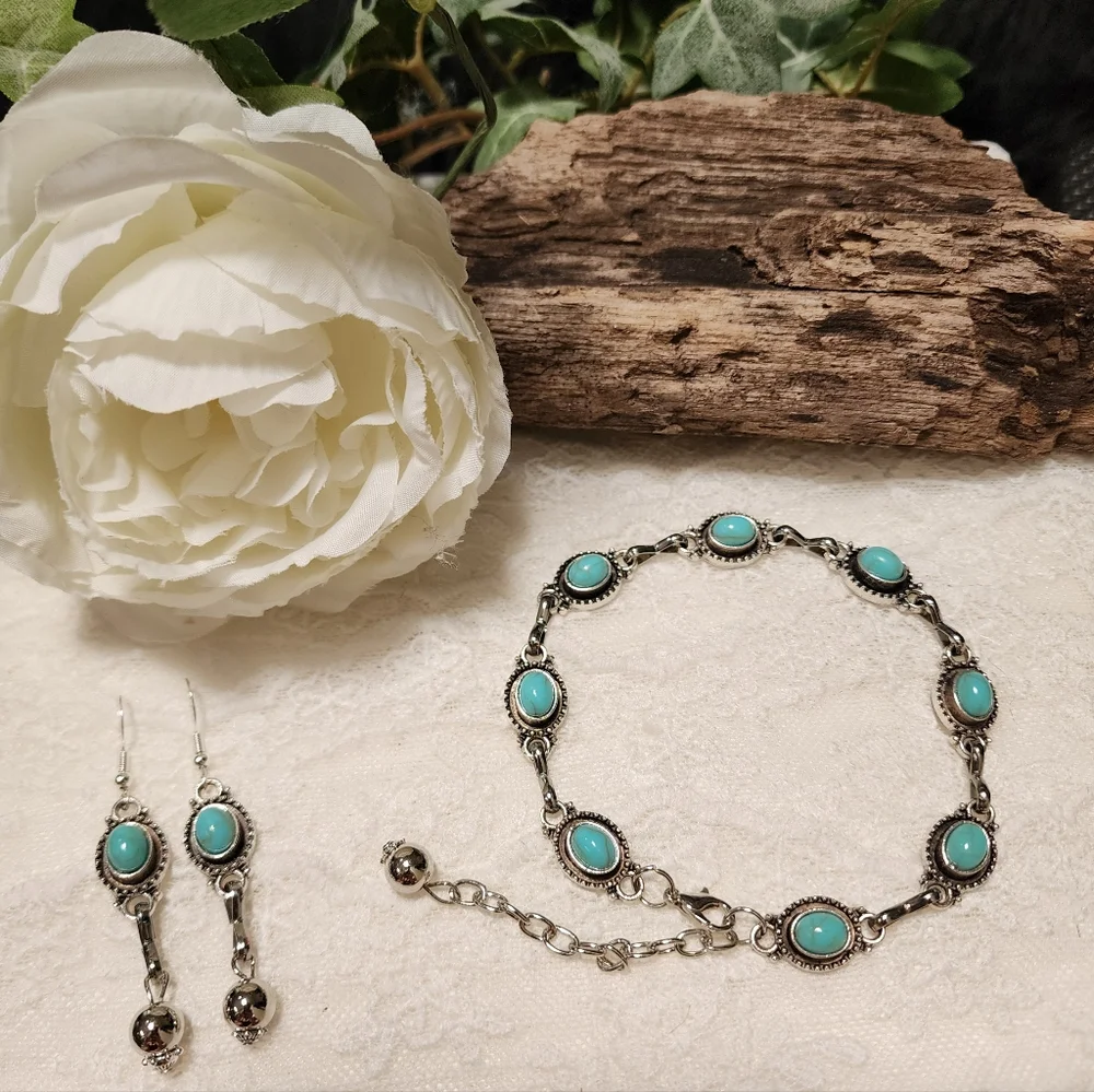 Reworked Hand Crafted Faux Silver and Faux Turquoise Jewelry Set